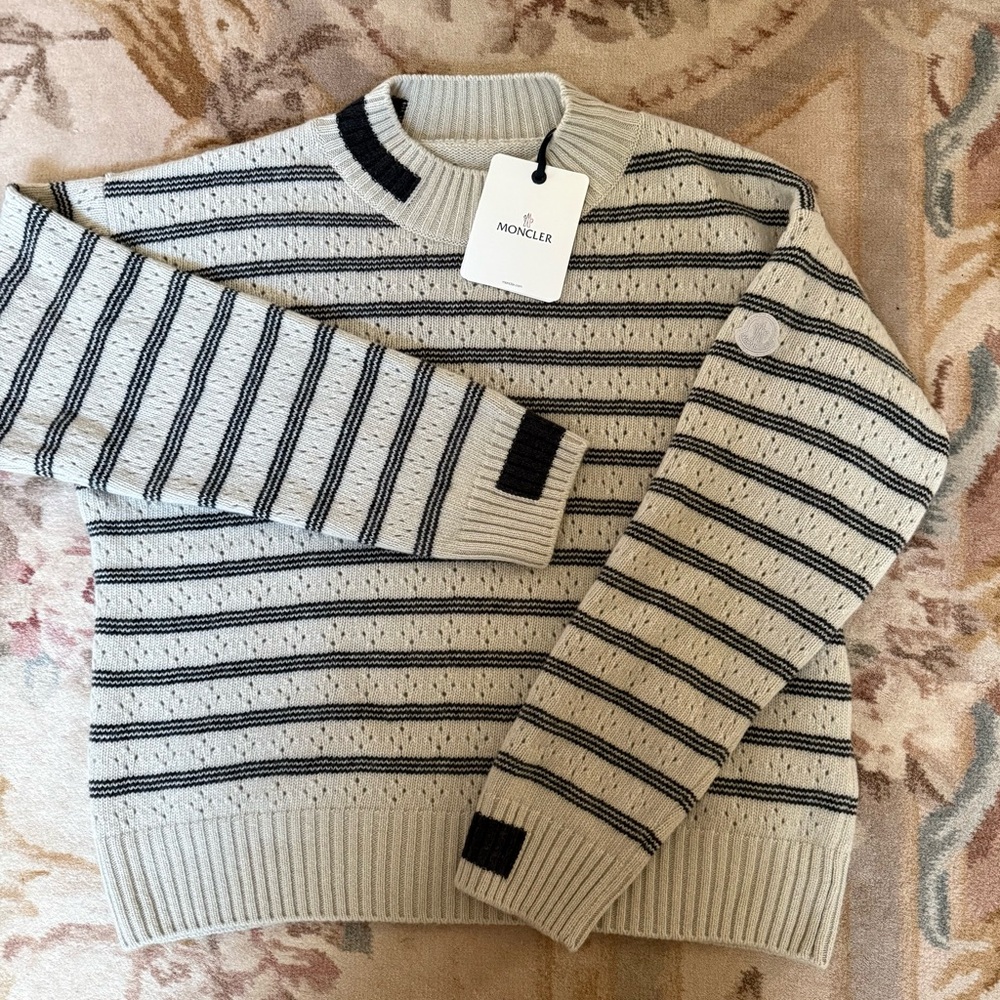 Moncler Men's Crewneck Sweater - Cream and Black Stripes